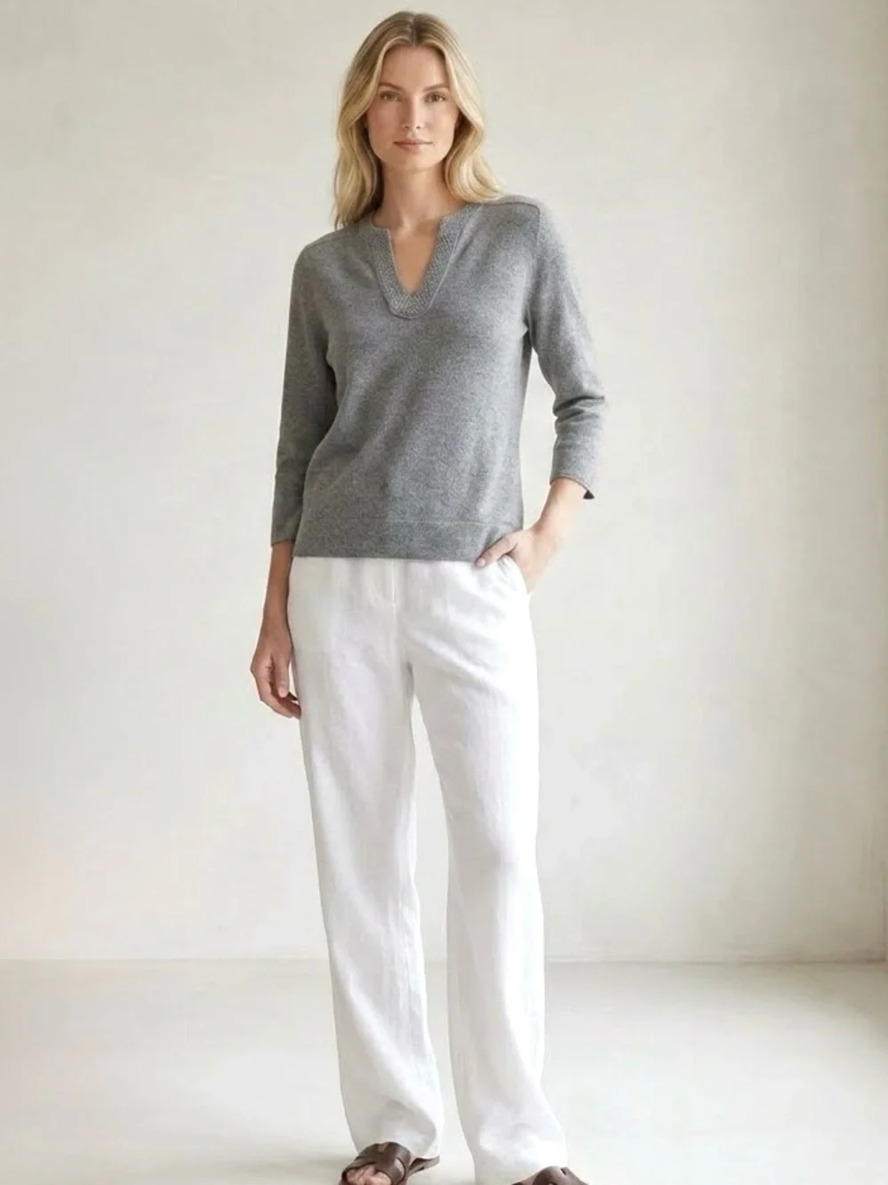 Tory Burch Lizzie Tunic V-Neck 100% Cashmere Sweater, Graphite Grey, Size‎ S